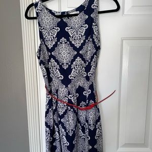 Blue paisley dress with red belt